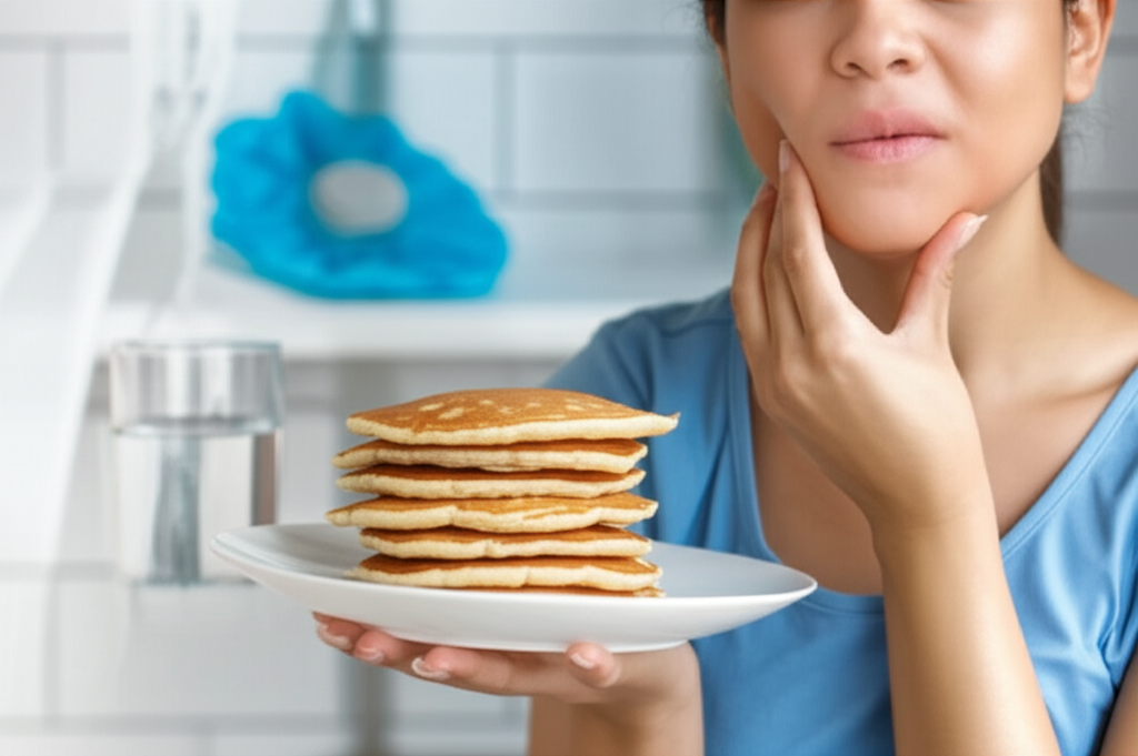Generate a high-quality, relevant image prompt for an article about: Can I Eat Pancakes After Tooth
